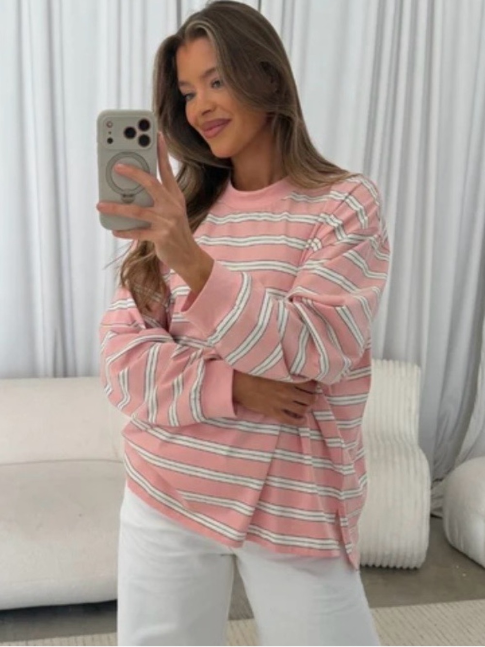 Worth Collective Striped Pink Crewneck Long-Sleeve Top
